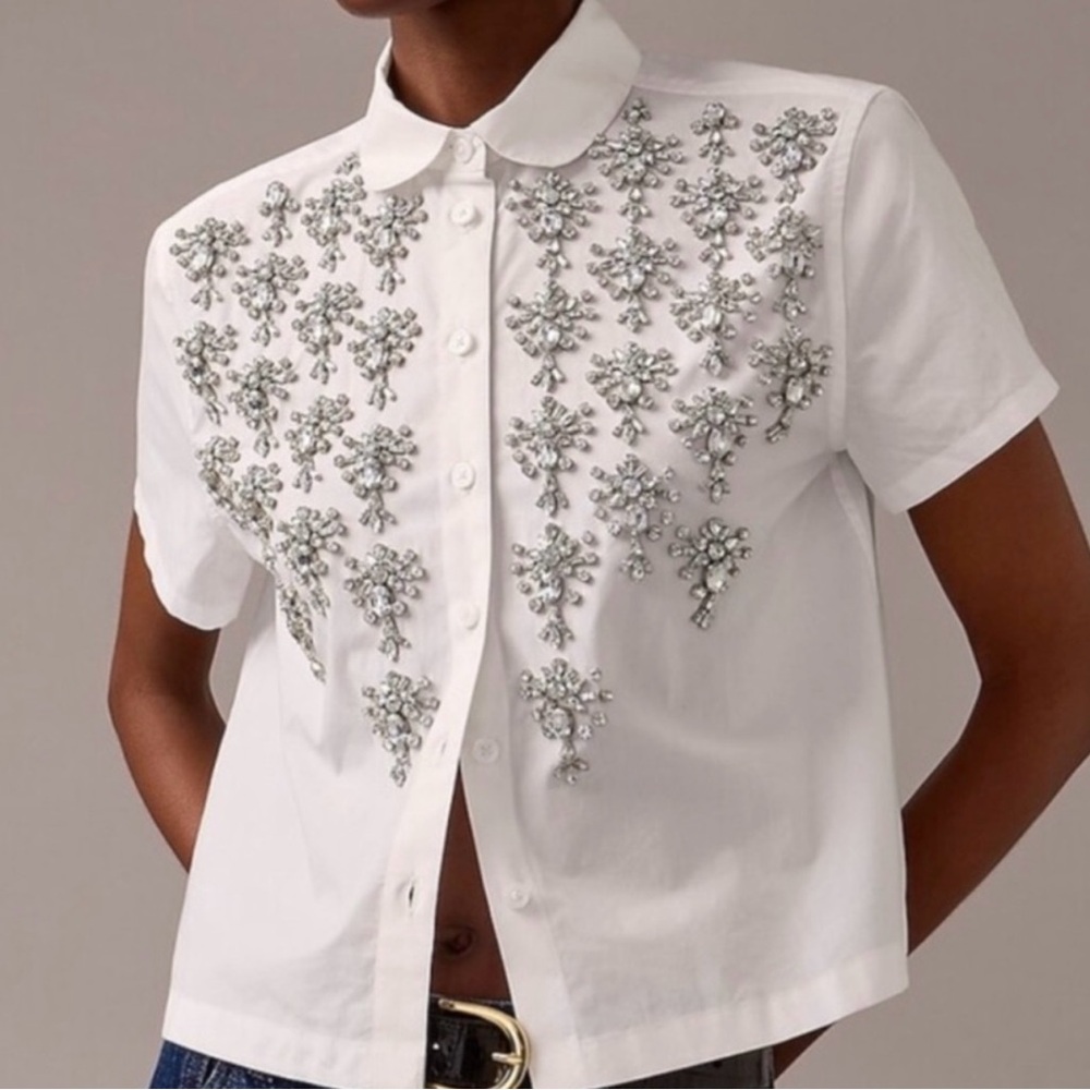 J Crew Collection Embellished White Short Sleeve Shirt
